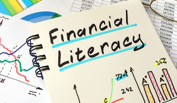 Image with title financial literacy and bar graph and line graph drawings