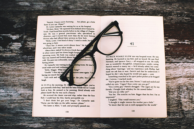 what are some good transitions for an essay A set of eyeglasses placed on top of an open book of essays