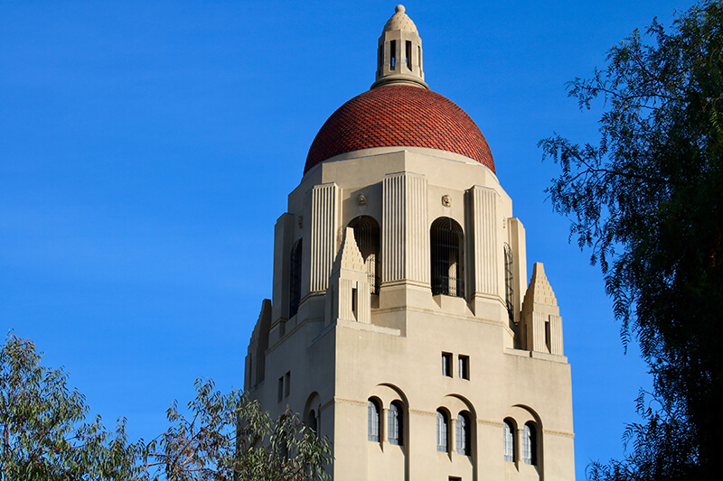 Close up of the Hoover Tower at Stanford University in California