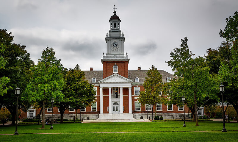 Exterior shot of Gilman Hall at Johns Hopkins University in Baltimore, Maryland