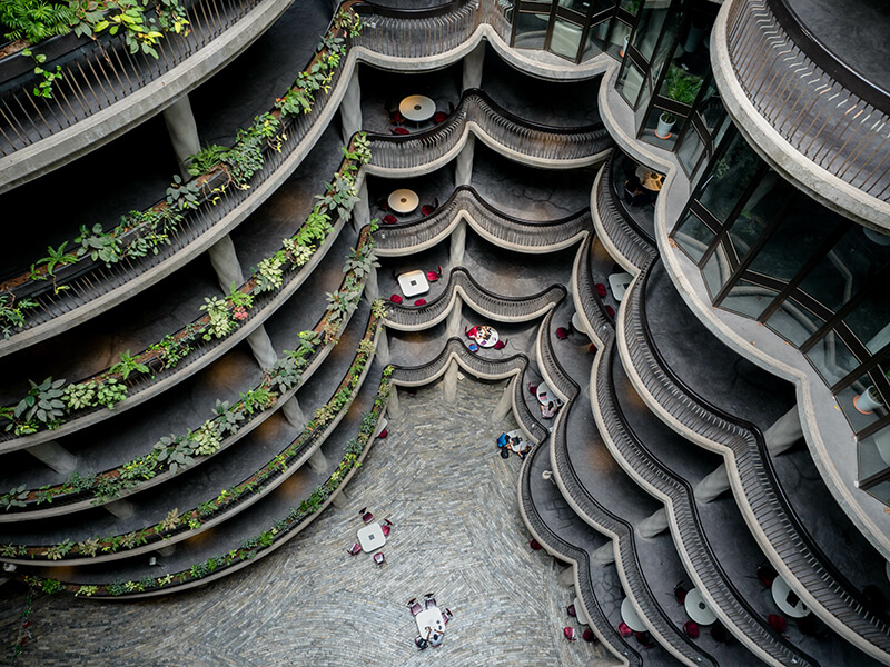 Interior aerial shot at the Hive building at Nanyang Technological University in Singapore