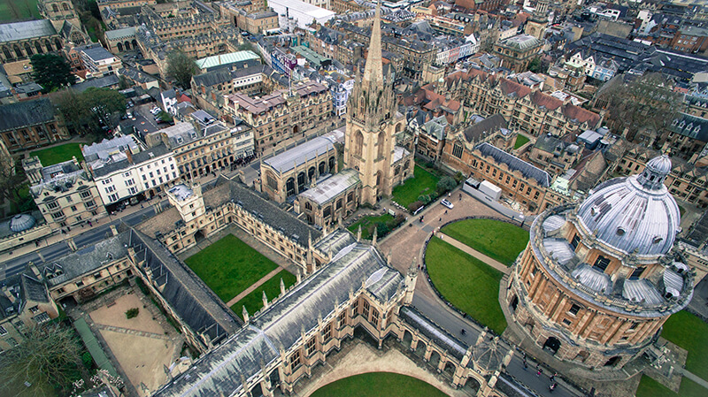 Bird’s eye view of the University of Oxford in England, United Kingdom