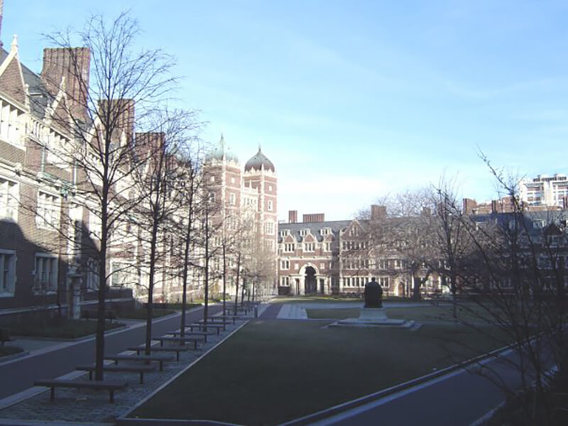 Exterior shot of the Woodland Quad at the University of Pennsylvania in Philadelphia, Pennsylvania