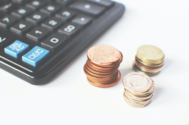 Calculator and coins used for adding finances