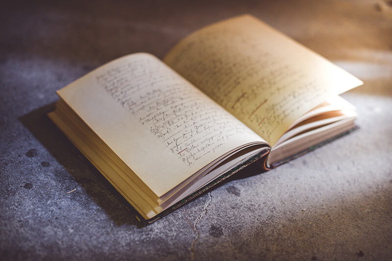 Book sitting on a table showing the opening lines and introduction