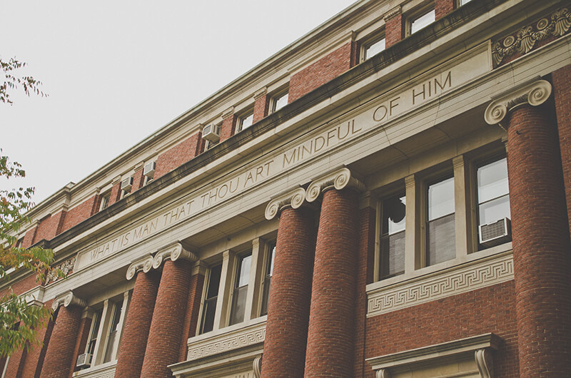 Exterior shot of Harvard showing the architecture of ivy league schools