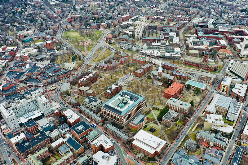 Bird’s eye view of Harvard University in Cambridge, Massachusetts