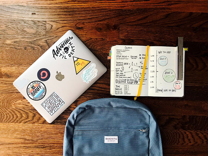 Aerial view of college essentials including a laptop and backpack