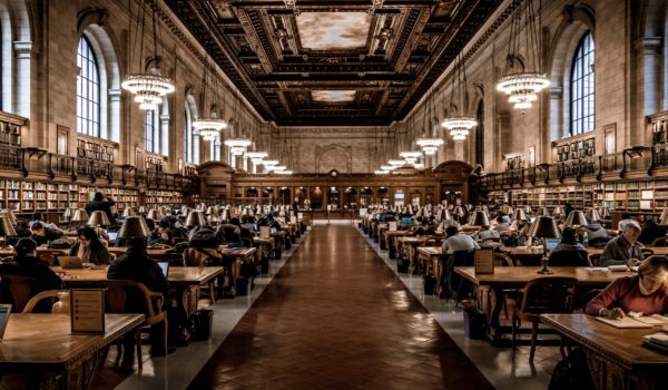 College students writing different types of essays in a library