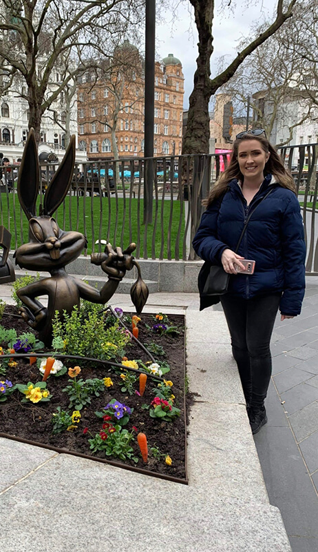 Beth Franks with the Bugs Bunny sculpture in Leicester Square