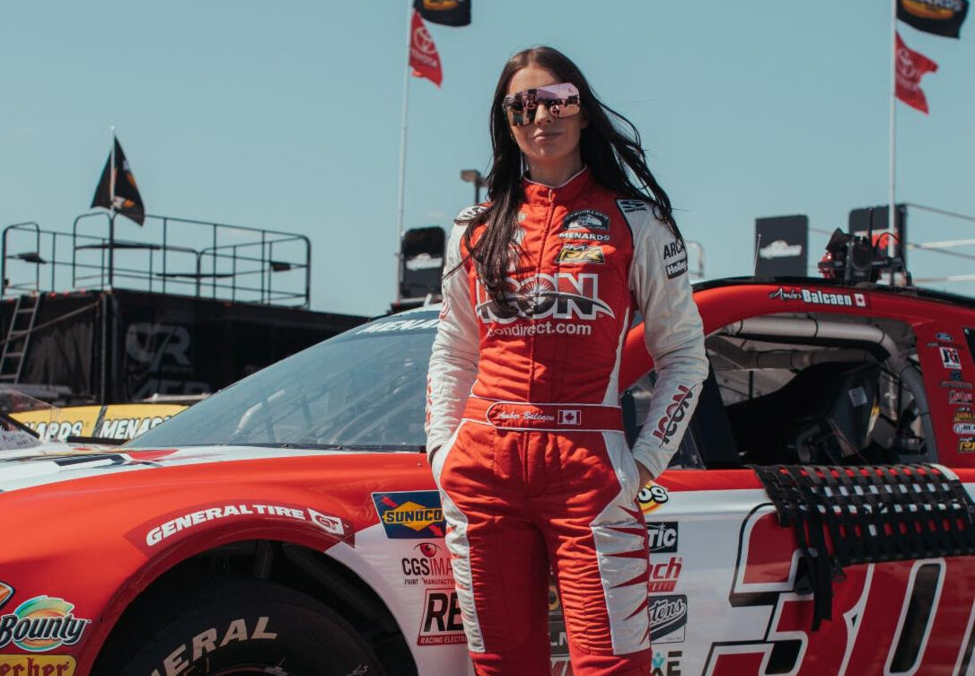 NASCAR driver Amber Balcaen on the race track