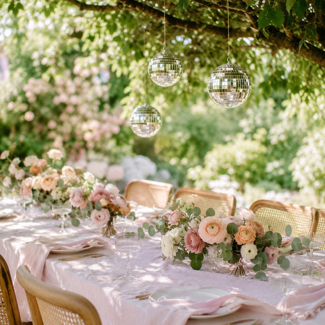 Pastel Garden Table Under Sparkling Disco Balls