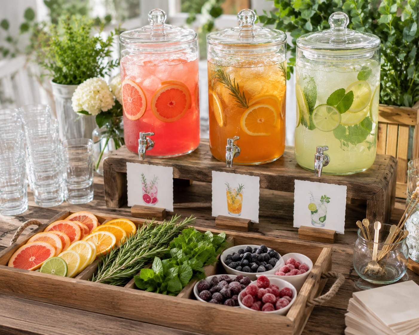 Rustic Mocktail Station with Colorful Drinks