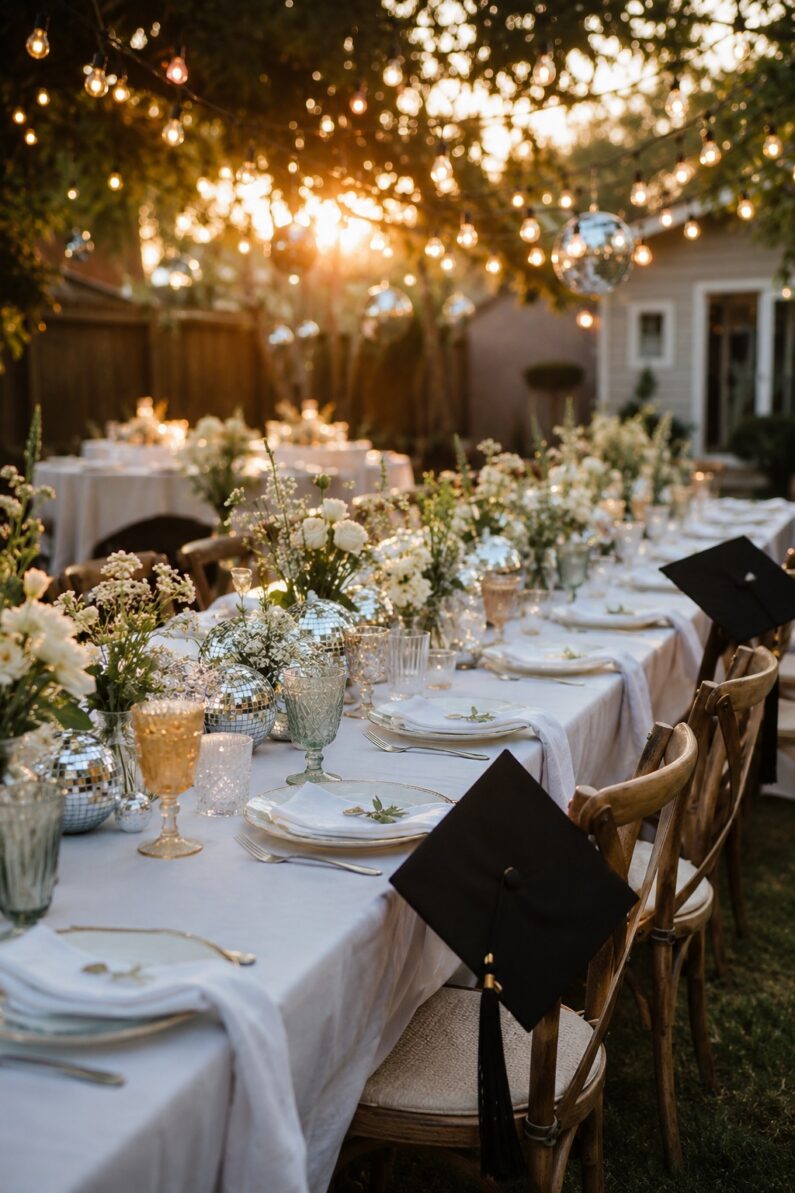 An outdoor college graduation party table set with florals, hanging disco balls, string lights, and place settings at golden hour