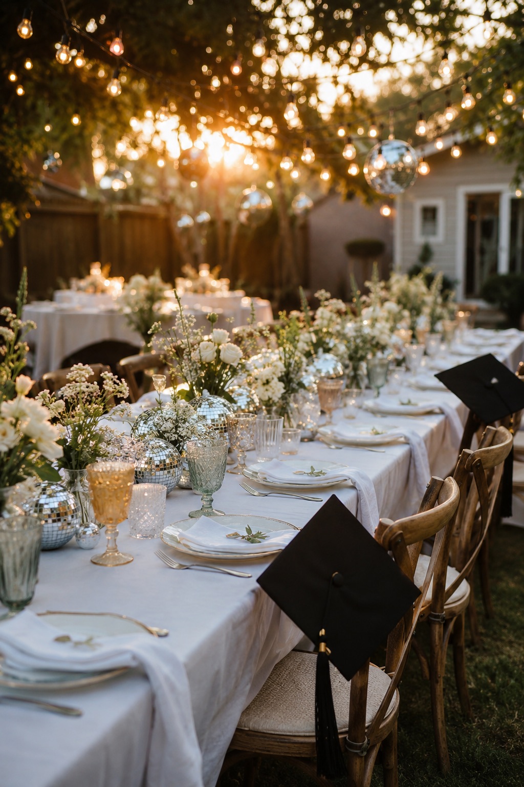 An outdoor college graduation party table set with florals, hanging disco balls, string lights, and place settings at golden hour